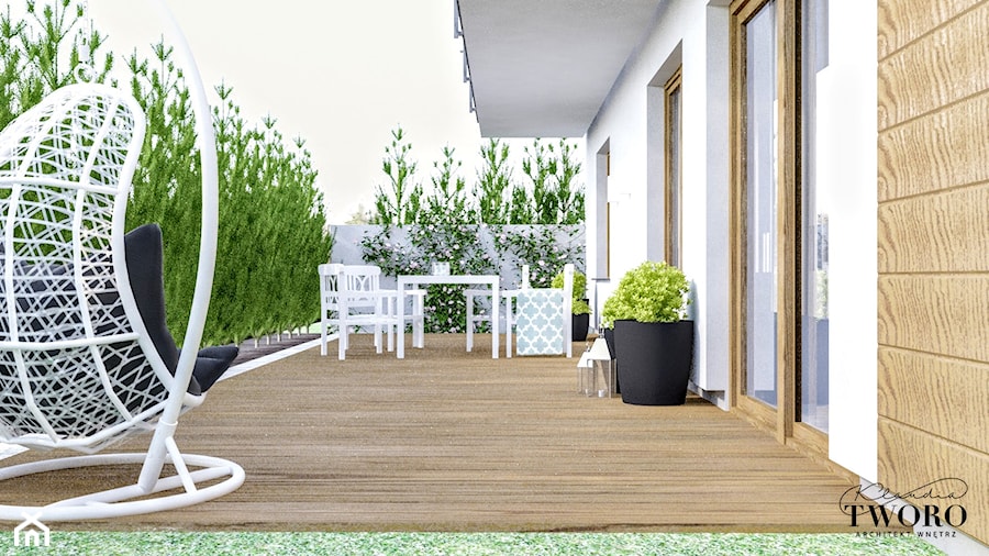 Mieszkanie_2 - Średni z meblami ogrodowymi z fotelem wiszącym taras z tyłu domu - zdjęcie od Klaudia Tworo Projektowanie Wnętrz