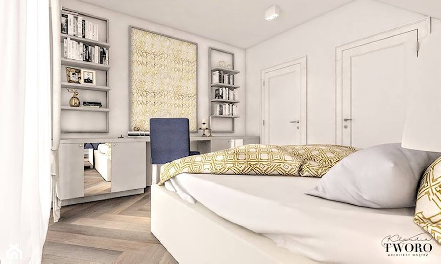 Dom w Aurorach - Średnia biała z biurkiem sypialnia na poddaszu, styl glamour - zdjęcie od Klaudia Tworo Projektowanie Wnętrz