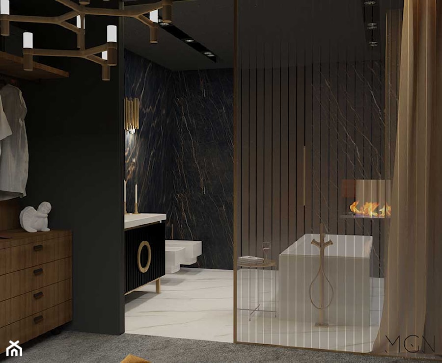 Akcenty złota - Duża na poddaszu bez okna z marmurową podłogą łazienka, styl nowoczesny - zdjęcie od Pracownia Architektoniczna Małgorzaty Górskiej-Niwińskiej