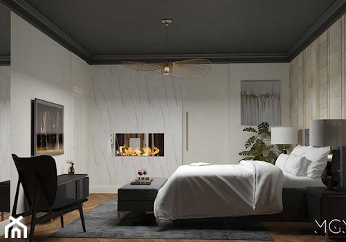 Akcenty złota - Duża beżowa biała sypialnia, styl nowoczesny - zdjęcie od Pracownia Architektoniczna Małgorzaty Górskiej-Niwińskiej