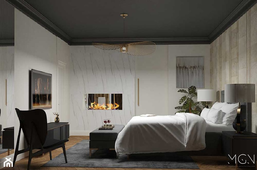 Akcenty złota - Duża beżowa biała sypialnia, styl nowoczesny - zdjęcie od Pracownia Architektoniczna Małgorzaty Górskiej-Niwińskiej