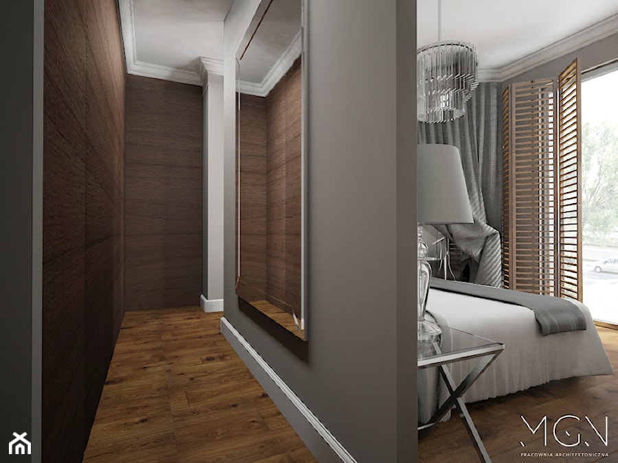 Hotelowy apartament - Średnia szara sypialnia z garderobą z balkonem / tarasem, styl tradycyjny - zdjęcie od Pracownia Architektoniczna Małgorzaty Górskiej-Niwińskiej