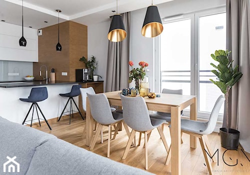 Szczypta kolorów - Mały biały salon z kuchnią z jadalnią, styl nowoczesny - zdjęcie od Pracownia Architektoniczna Małgorzaty Górskiej-Niwińskiej