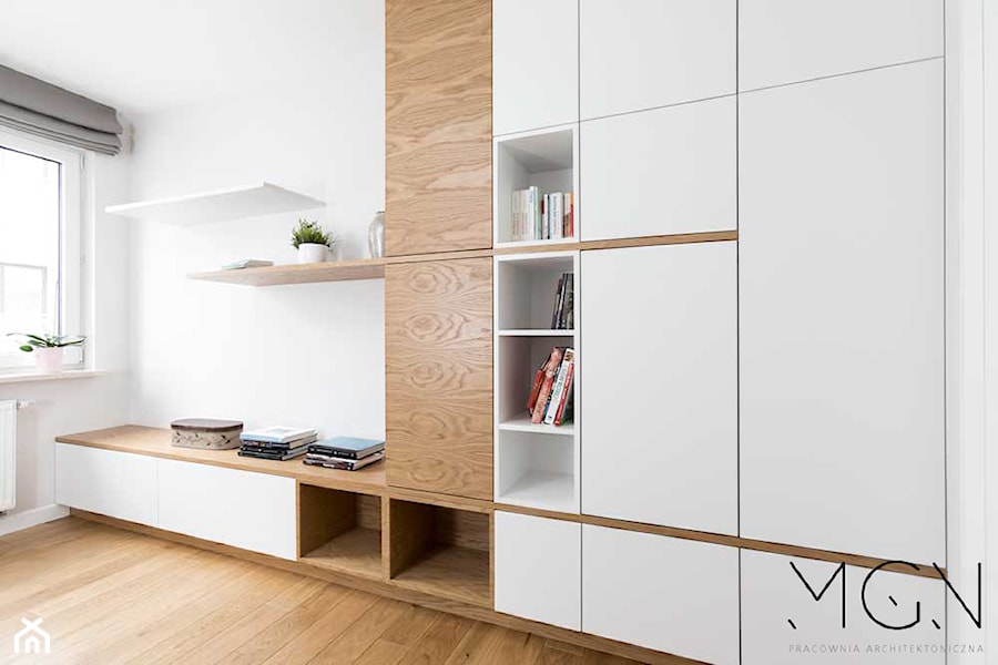 Szczypta kolorów - Średnia biała sypialnia, styl nowoczesny - zdjęcie od Pracownia Architektoniczna Małgorzaty Górskiej-Niwińskiej