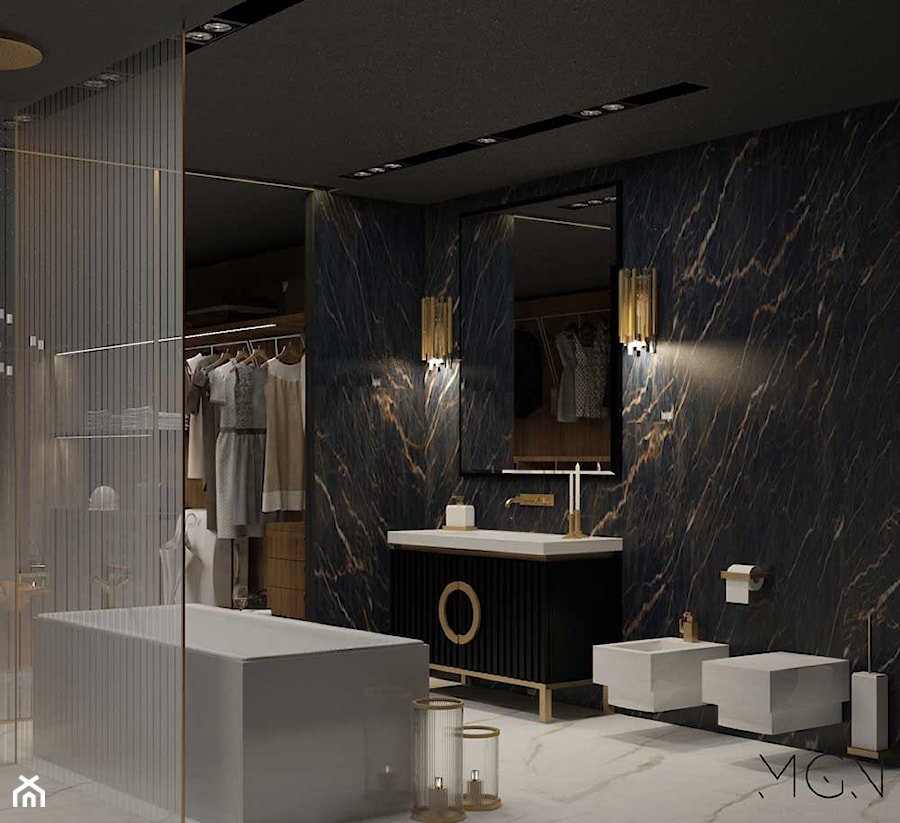 Akcenty złota - Duża bez okna z marmurową podłogą z punktowym oświetleniem łazienka, styl nowoczesny - zdjęcie od Pracownia Architektoniczna Małgorzaty Górskiej-Niwińskiej