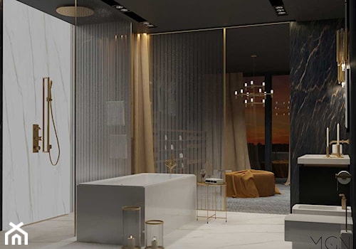 Akcenty złota - Duża z marmurową podłogą z punktowym oświetleniem łazienka z oknem, styl nowoczesny - zdjęcie od Pracownia Architektoniczna Małgorzaty Górskiej-Niwińskiej