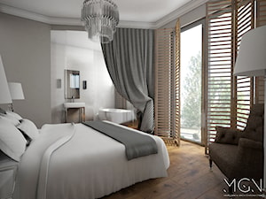 Hotelowy apartament - Średnia szara sypialnia z łazienką, styl tradycyjny - zdjęcie od Pracownia Architektoniczna Małgorzaty Górskiej-Niwińskiej