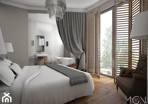 Hotelowy apartament - Średnia szara sypialnia z łazienką, styl tradycyjny - zdjęcie od Pracownia Architektoniczna Małgorzaty Górskiej-Niwińskiej