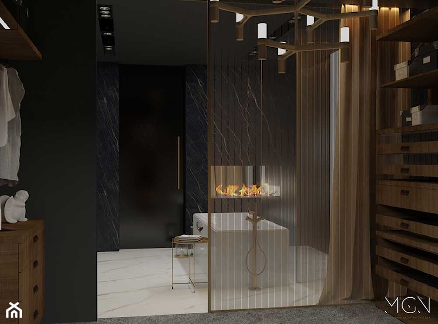 Akcenty złota - Średnia bez okna z marmurową podłogą z punktowym oświetleniem łazienka, styl nowoczesny - zdjęcie od Pracownia Architektoniczna Małgorzaty Górskiej-Niwińskiej