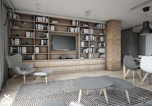 Z myślą o rodzinie - Średni duży salon z bibiloteczką, styl skandynawski - zdjęcie od Pracownia Architektoniczna Małgorzaty Górskiej-Niwińskiej