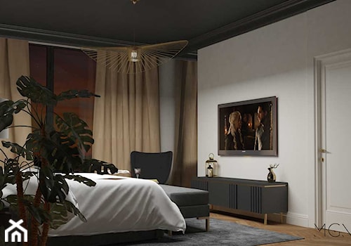 Akcenty złota - Średnia biała sypialnia z balkonem / tarasem, styl nowoczesny - zdjęcie od Pracownia Architektoniczna Małgorzaty Górskiej-Niwińskiej