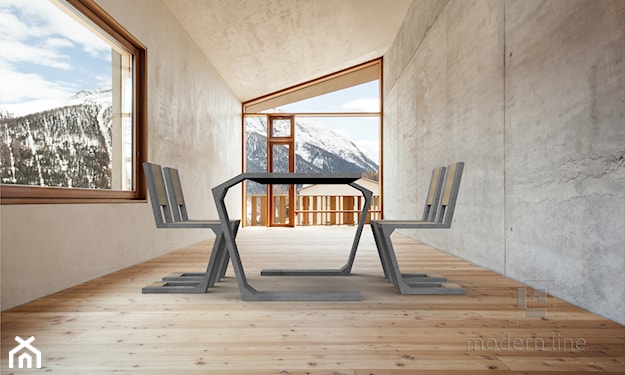 drewniana podłoga, betonowa ściana, betonowe krzesło