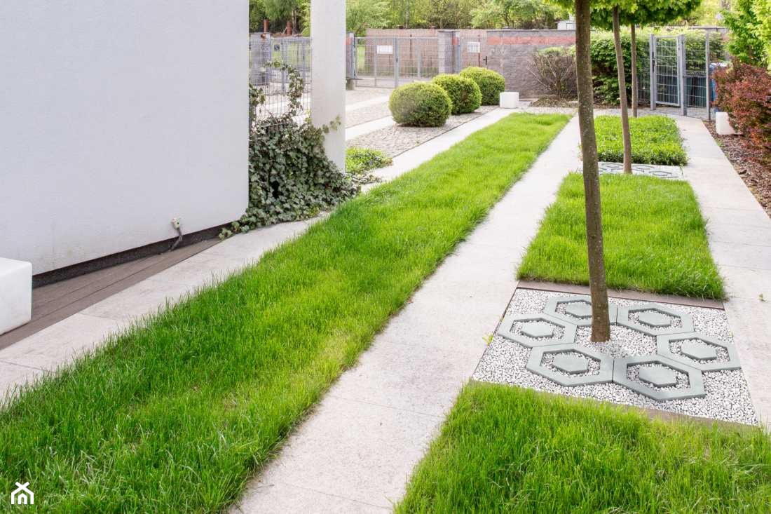 ścieżki w ogrodzie, zielony trawnik, dekoracyjne nawierzchnie do ogrodu