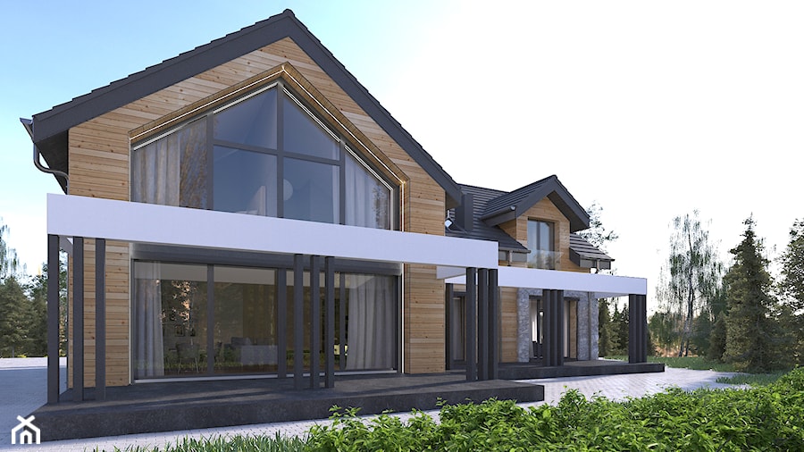 Elewacja domu z drewnem i kamieniem rzecznym - zdjęcie od MyWay Design