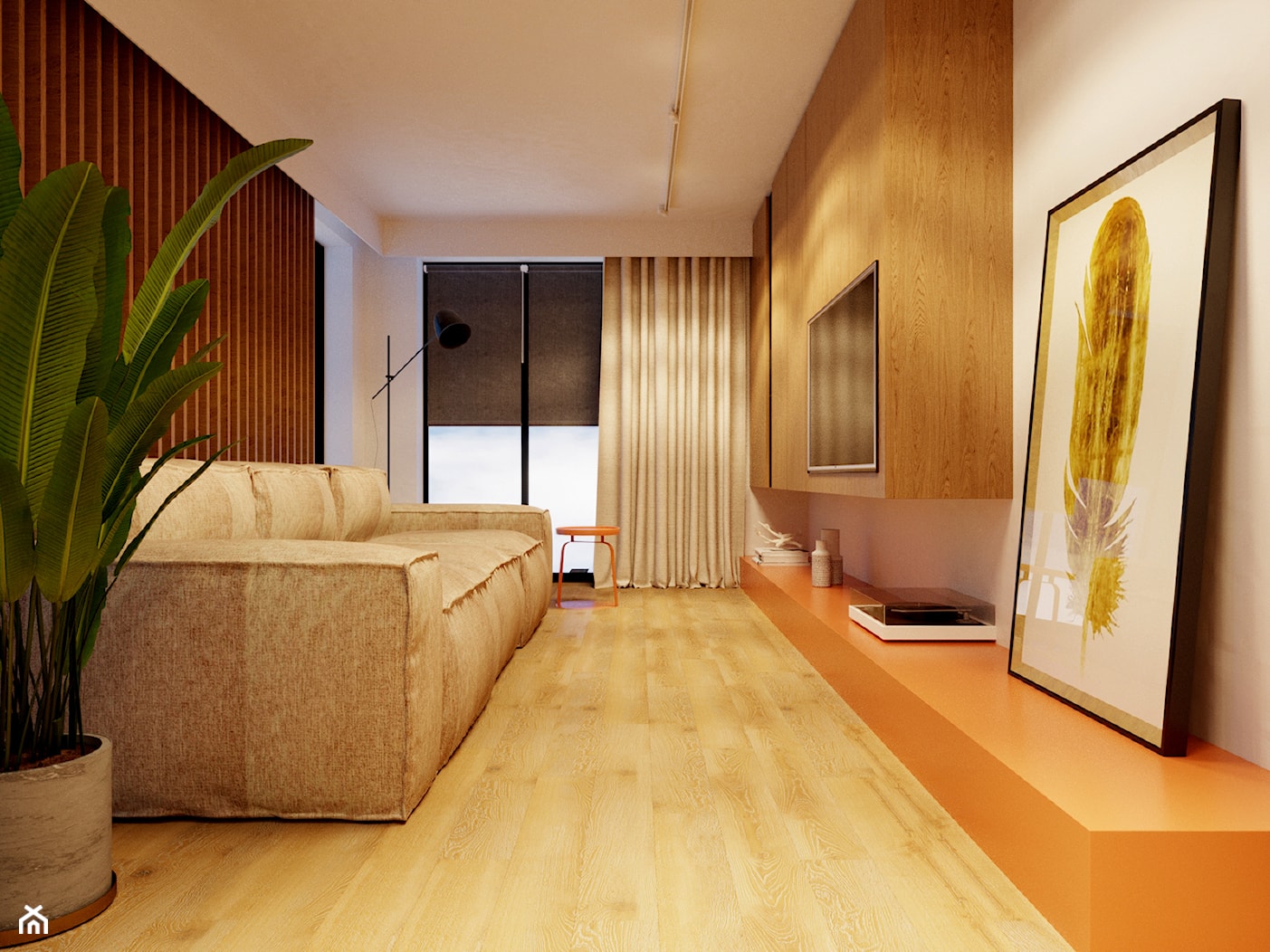 Minimalistyczne mieszkanie z akcentem pomarańczy, - Salon, styl minimalistyczny - zdjęcie od YAY! ARCHITEKTURA - Homebook