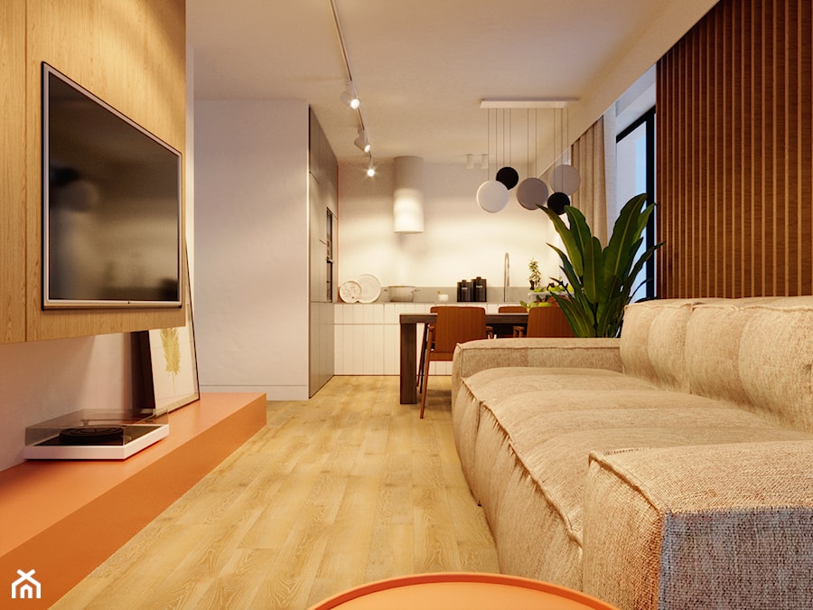 Minimalistyczne mieszkanie z akcentem pomarańczy, - Salon, styl minimalistyczny - zdjęcie od YAY! ARCHITEKTURA
