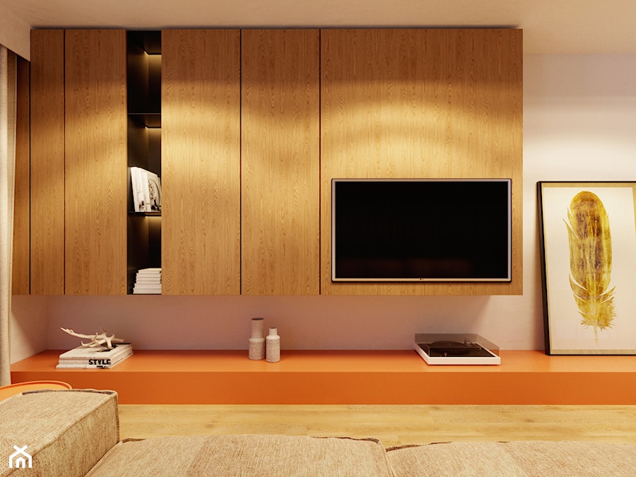 Minimalistyczne mieszkanie z akcentem pomarańczy, - Salon, styl minimalistyczny - zdjęcie od YAY! ARCHITEKTURA