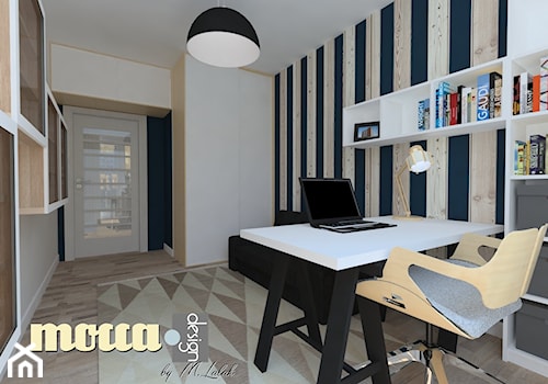 Redłowo - Duże z sofą z zabudowanym biurkiem białe niebieskie biuro, styl skandynawski - zdjęcie od MOCCADesign
