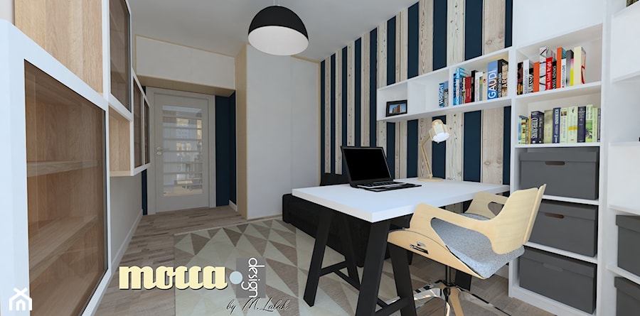 Redłowo - Duże z sofą z zabudowanym biurkiem białe niebieskie biuro, styl skandynawski - zdjęcie od MOCCADesign