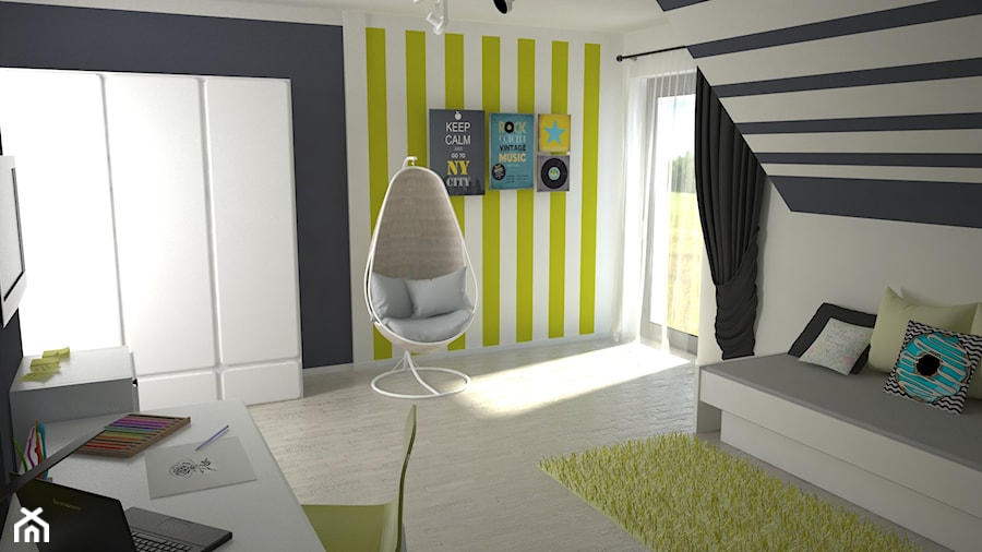 Duży biały czarny żółty pokój dziecka dla nastolatka dla chłopca dla dziewczynki, styl nowoczesny - zdjęcie od archJudyta Aranżacja Wnętrz Judyta Grzybek