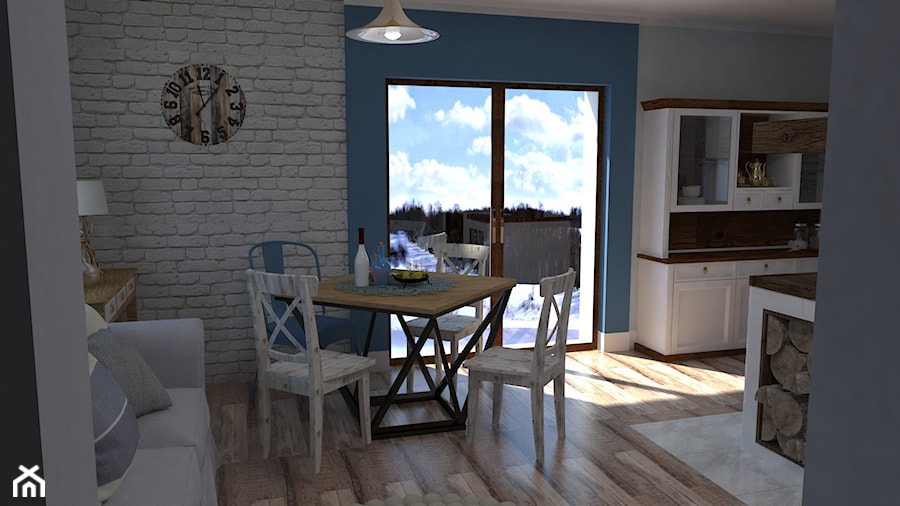 Mały biały niebieski szary salon z jadalnią, styl skandynawski - zdjęcie od archJudyta Aranżacja Wnętrz Judyta Grzybek
