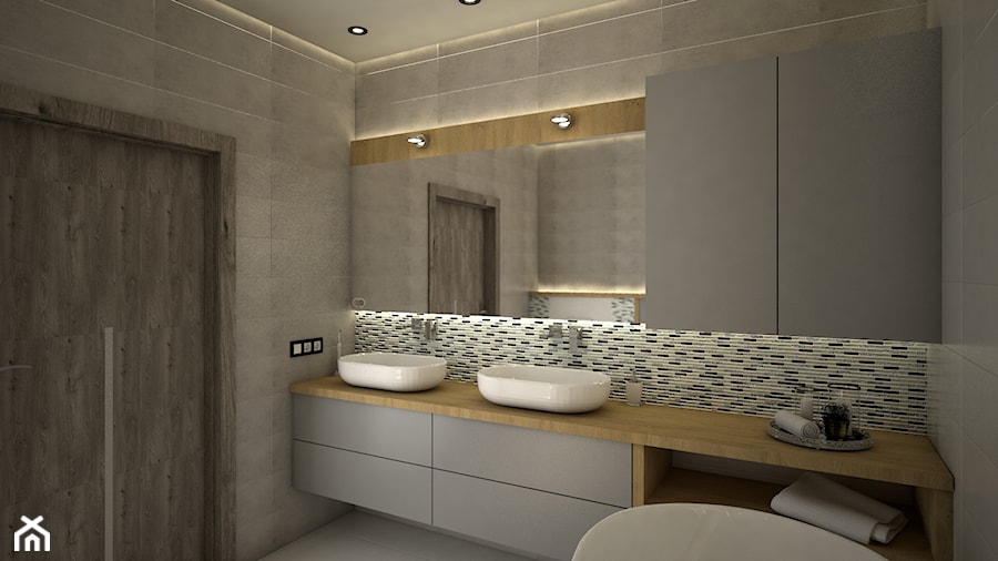 Średnia na poddaszu bez okna z dwoma umywalkami łazienka, styl nowoczesny - zdjęcie od archJudyta Aranżacja Wnętrz Judyta Grzybek