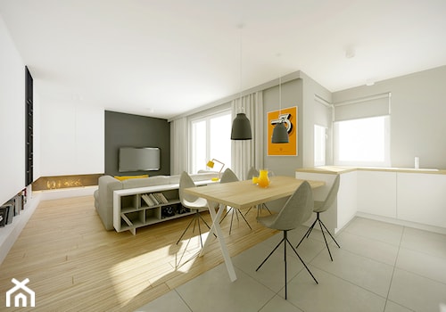 Mieszkanie Staw Wróbla Gdańsk - Duża beżowa biała czarna jadalnia w salonie w kuchni, styl nowoczesny - zdjęcie od MC _Pracownia Architektoniczna