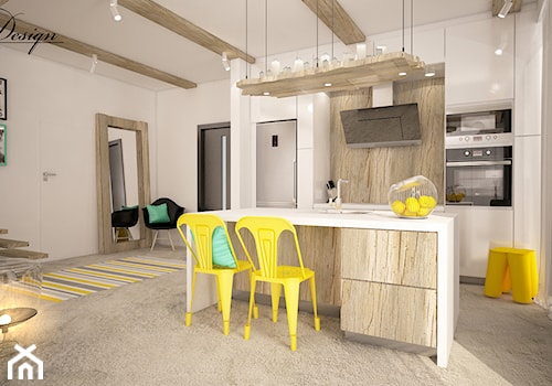 Wnętrze domu Jednorodzinnego - Średnia otwarta z salonem biała czarna kuchnia jednorzędowa z wyspą lub półwyspem, styl skandynawski - zdjęcie od And Interior Design
