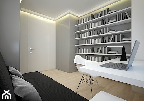 dom, pow. 130 m2, Azaliowa, City House, Gdańsk - Średnie w osobnym pomieszczeniu z sofą z zabudowanym biurkiem szare biuro - zdjęcie od 3miasto design