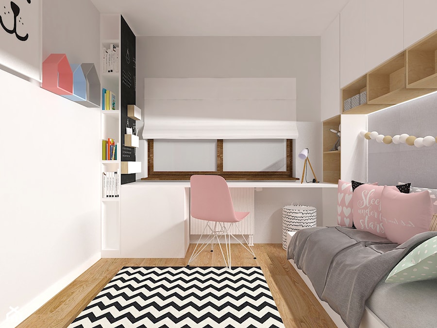 Pokój Tosi - Mały biały szary pokój dziecka dla nastolatka dla dziewczynki, styl minimalistyczny - zdjęcie od emilia cieśla | design & interior design
