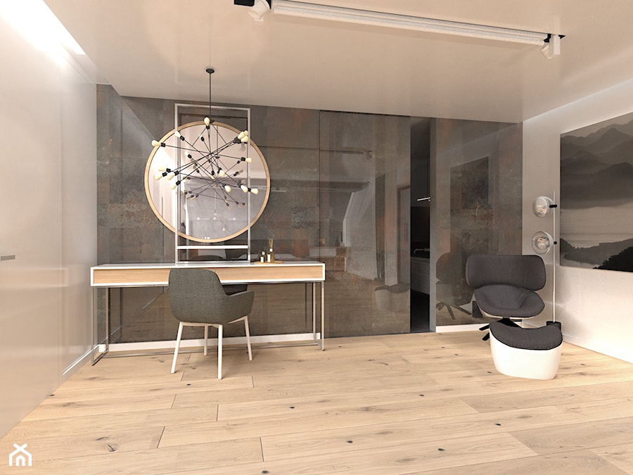 Projekt sypialni na poddaszu - Duża szara z biurkiem sypialnia, styl nowoczesny - zdjęcie od emilia cieśla | design & interior design
