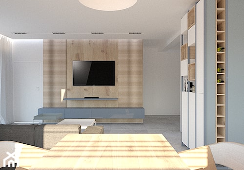 Dom w Gorzowie Wielkopolskim - Duży beżowy biały szary salon z jadalnią z bibiloteczką, styl minimalistyczny - zdjęcie od emilia cieśla | design & interior design