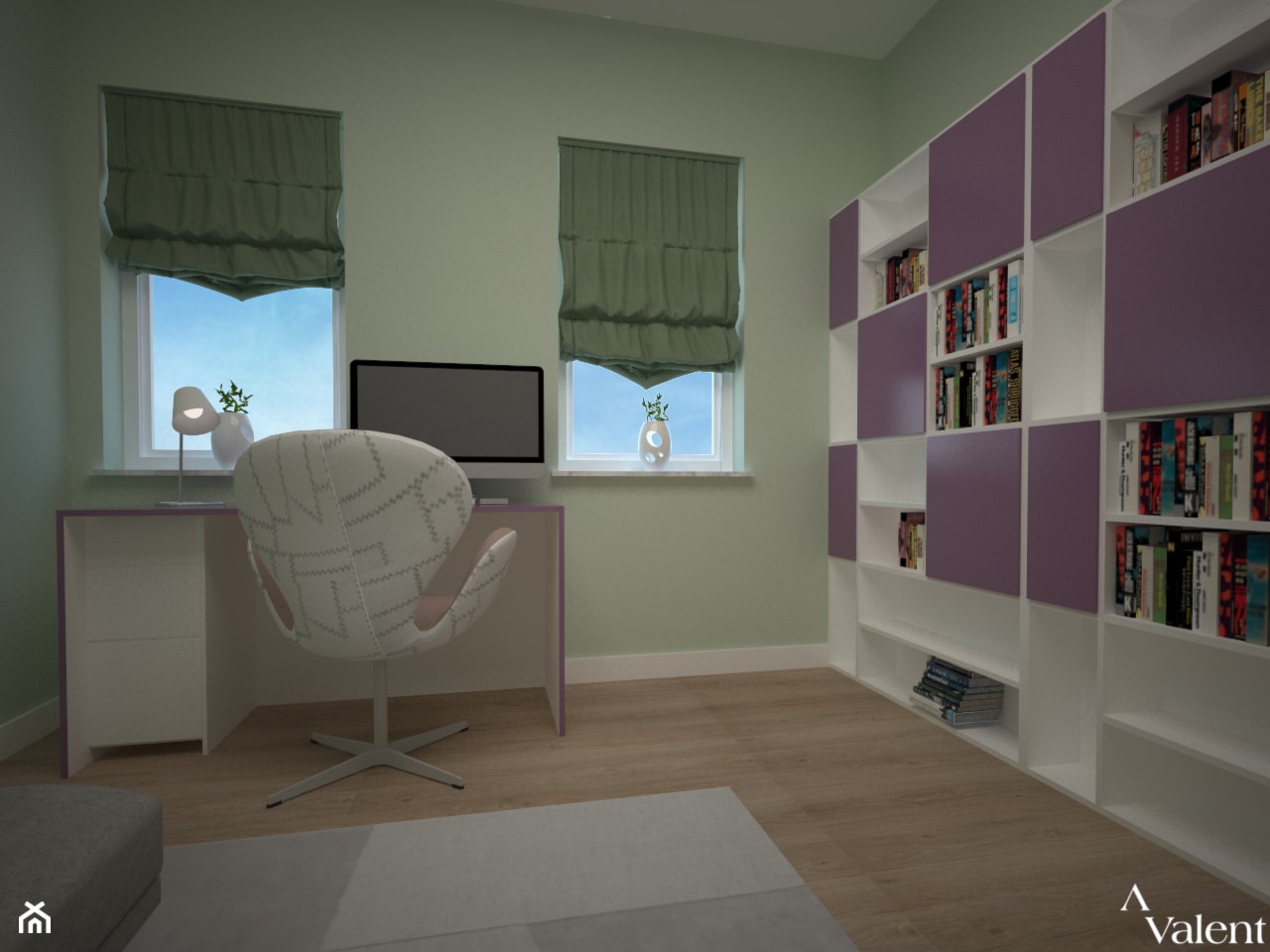 Biuro w domu - Małe w osobnym pomieszczeniu z sofą zielone biuro, styl nowoczesny - zdjęcie od Aranżacja | Wnętrza | Projekty | Wykończenia domów i mieszkań - Homebook