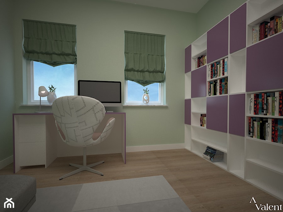 Biuro w domu - Małe w osobnym pomieszczeniu z sofą zielone biuro, styl nowoczesny - zdjęcie od Aranżacja | Wnętrza | Projekty | Wykończenia domów i mieszkań