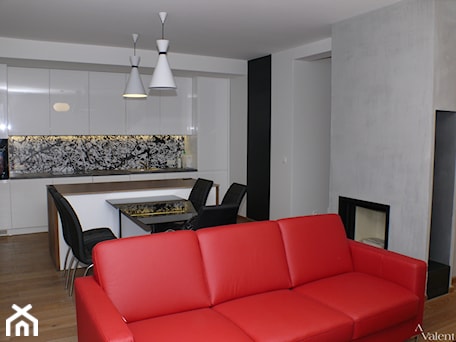 Aranżacje wnętrz - Salon: Apartament w Krakowie - projekt i realizacja - Średni biały czarny szary salon z kuchnią z jadalnią, styl nowoczesny - Aranżacja | Wnętrza | Projekty | Wykończenia domów i mieszkań. Przeglądaj, dodawaj i zapisuj najlepsze zdjęcia, pomysły i inspiracje designerskie. W bazie mamy już prawie milion fotografii!