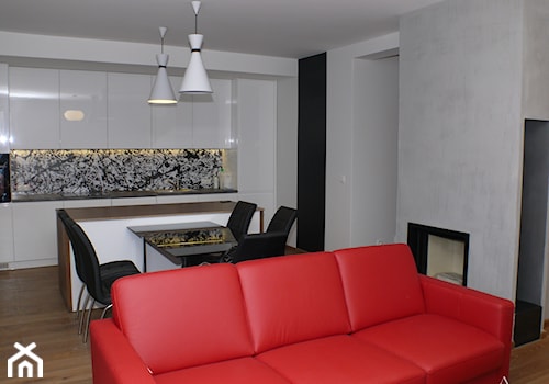 Apartament w Krakowie - projekt i realizacja - Średni biały czarny szary salon z kuchnią z jadalni ... - zdjęcie od Aranżacja | Wnętrza | Projekty | Wykończenia domów i mieszkań