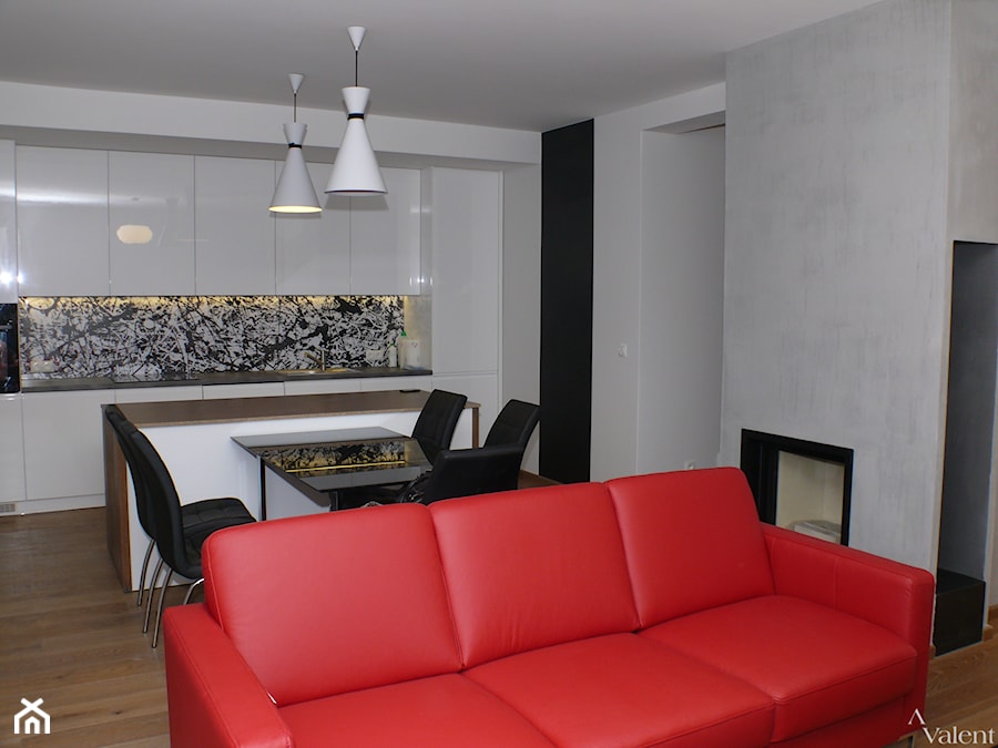Apartament w Krakowie - projekt i realizacja - Średni biały czarny szary salon z kuchnią z jadalnią, styl nowoczesny - zdjęcie od Aranżacja | Wnętrza | Projekty | Wykończenia domów i mieszkań