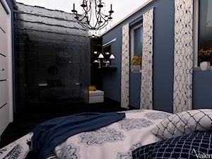 Aranżacja sypialni - Średnia niebieska sypialnia z łazienką, styl glamour - zdjęcie od Aranżacja | Wnętrza | Projekty | Wykończenia domów i mieszkań