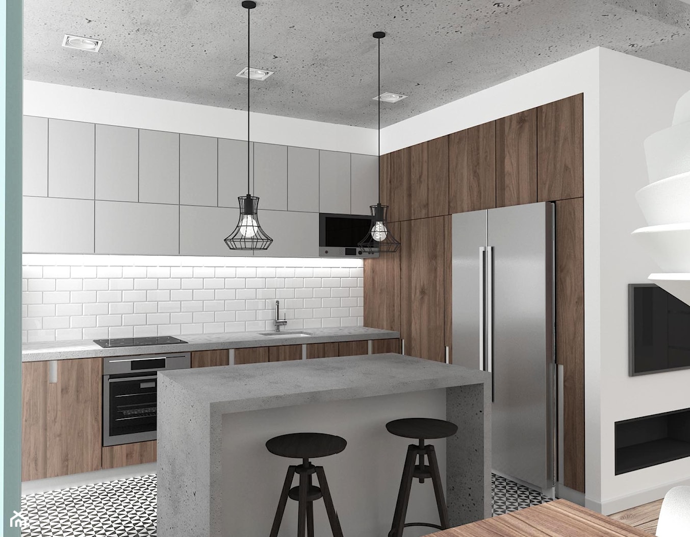 Mieszkanie Wrocław 50 m2 - Średnia otwarta z kamiennym blatem biała z zabudowaną lodówką kuchnia w k ... - zdjęcie od RT Studio - Homebook