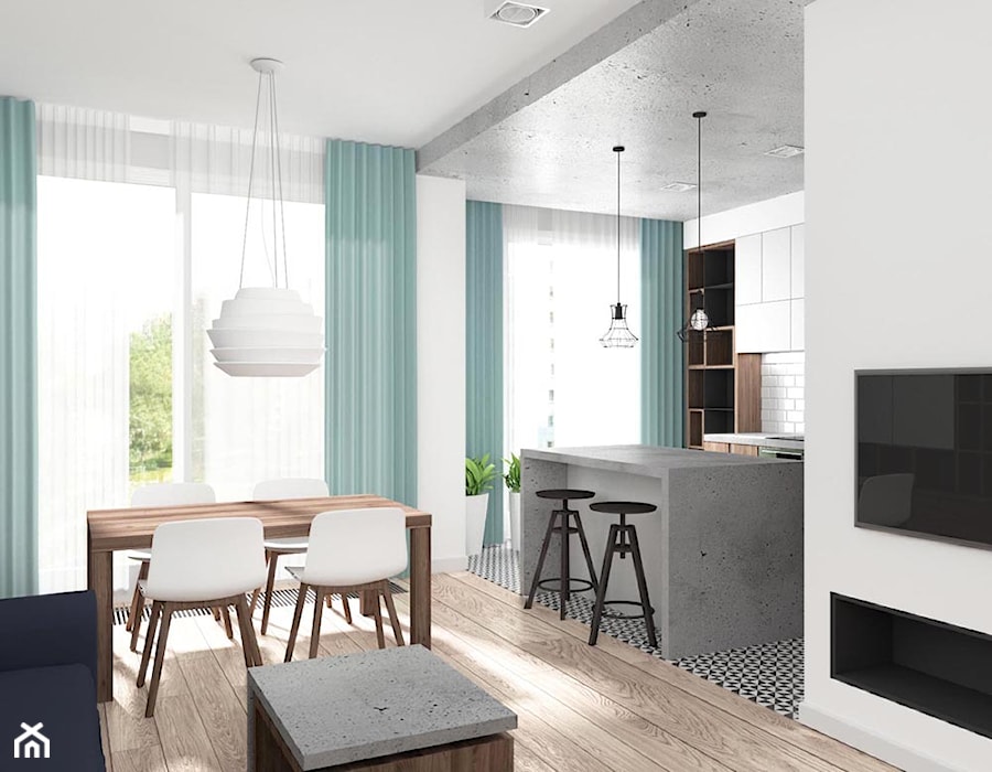 Mieszkanie Wrocław 50 m2 - Mały biały salon z kuchnią z jadalnią, styl industrialny - zdjęcie od RT Studio
