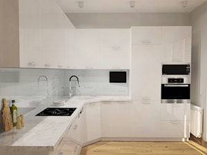 KUCHNIA DLA PARY - Średnia otwarta z kamiennym blatem biała z zabudowaną lodówką z podblatowym zlewozmywakiem kuchnia w kształcie litery l, styl nowoczesny - zdjęcie od Że Ho Ho projektowanie wnętrz
