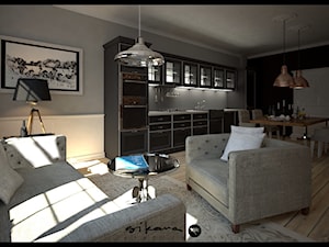 Apartament w Sopocie - Mały biały czarny szary salon z kuchnią z jadalnią - zdjęcie od SIKORA WNĘTRZA