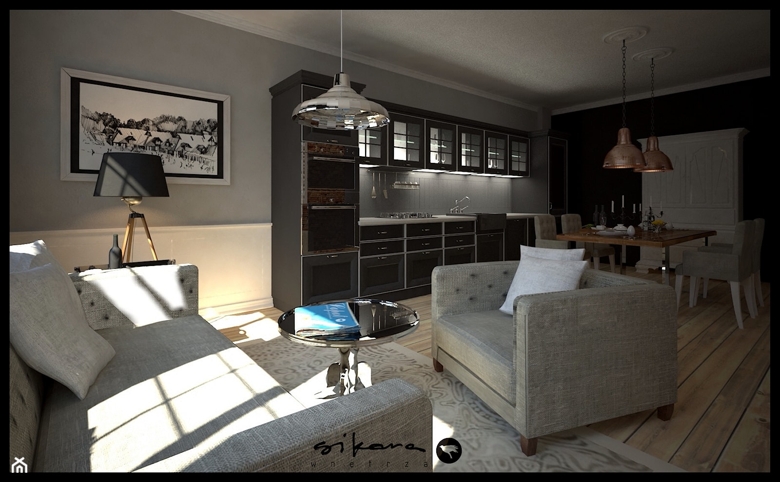Apartament w Sopocie - Mały biały czarny szary salon z kuchnią z jadalnią - zdjęcie od SIKORA WNĘTRZA - Homebook