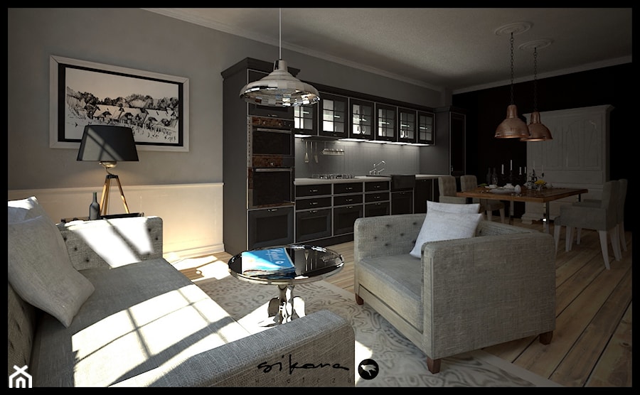 Apartament w Sopocie - Mały biały czarny szary salon z kuchnią z jadalnią - zdjęcie od SIKORA WNĘTRZA