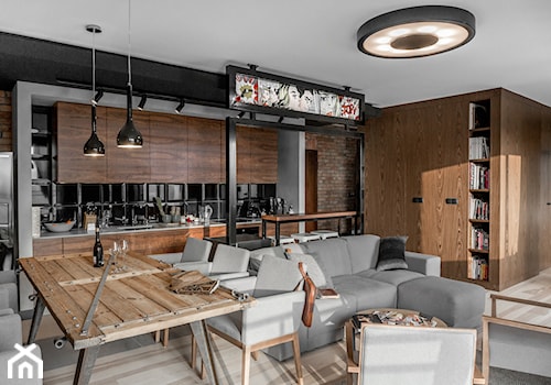 Apartament w Gdańsku - Duży szary salon z kuchnią z jadalnią, styl nowoczesny - zdjęcie od SIKORA WNĘTRZA