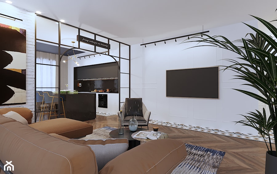 APARTAMENT INDUSTRIAL LOFT - Duży biały salon z kuchnią z jadalnią, styl glamour - zdjęcie od SIKORA WNĘTRZA
