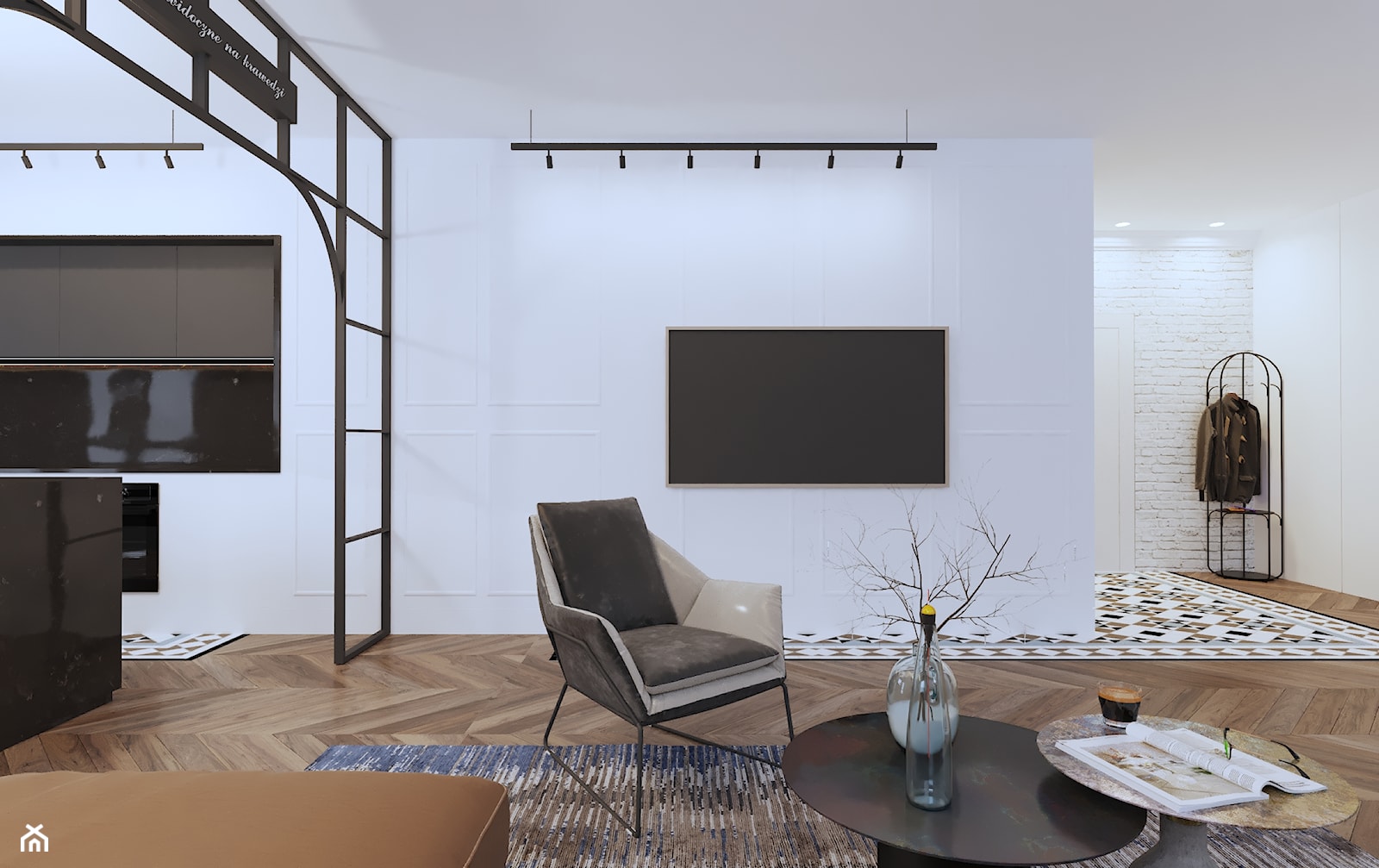 APARTAMENT INDUSTRIAL LOFT - Średni biały salon z kuchnią, styl glamour - zdjęcie od SIKORA WNĘTRZA - Homebook