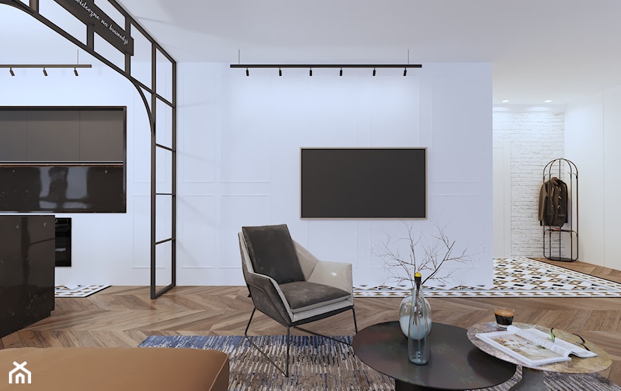 APARTAMENT INDUSTRIAL LOFT - Średni biały salon z kuchnią, styl glamour - zdjęcie od SIKORA WNĘTRZA