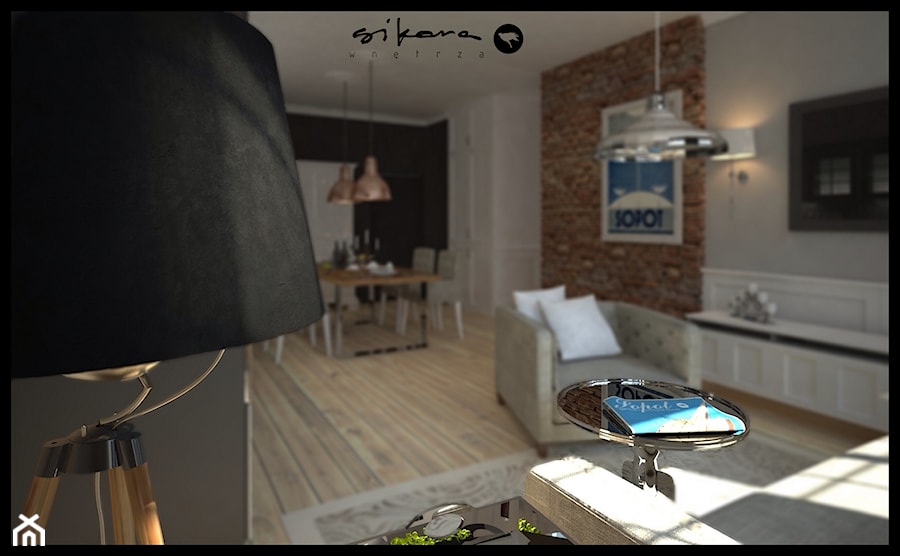 Apartament w Sopocie - Średni biały czarny salon z jadalnią - zdjęcie od SIKORA WNĘTRZA