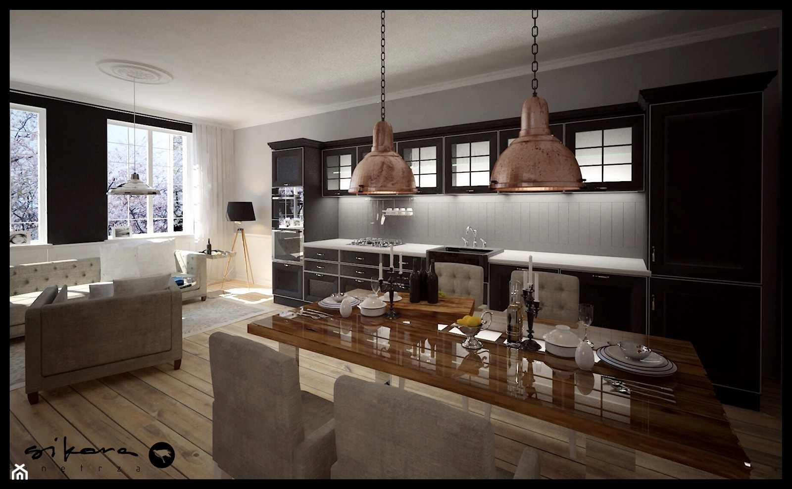 Apartament w Sopocie - Średnia beżowa jadalnia w salonie - zdjęcie od SIKORA WNĘTRZA - Homebook